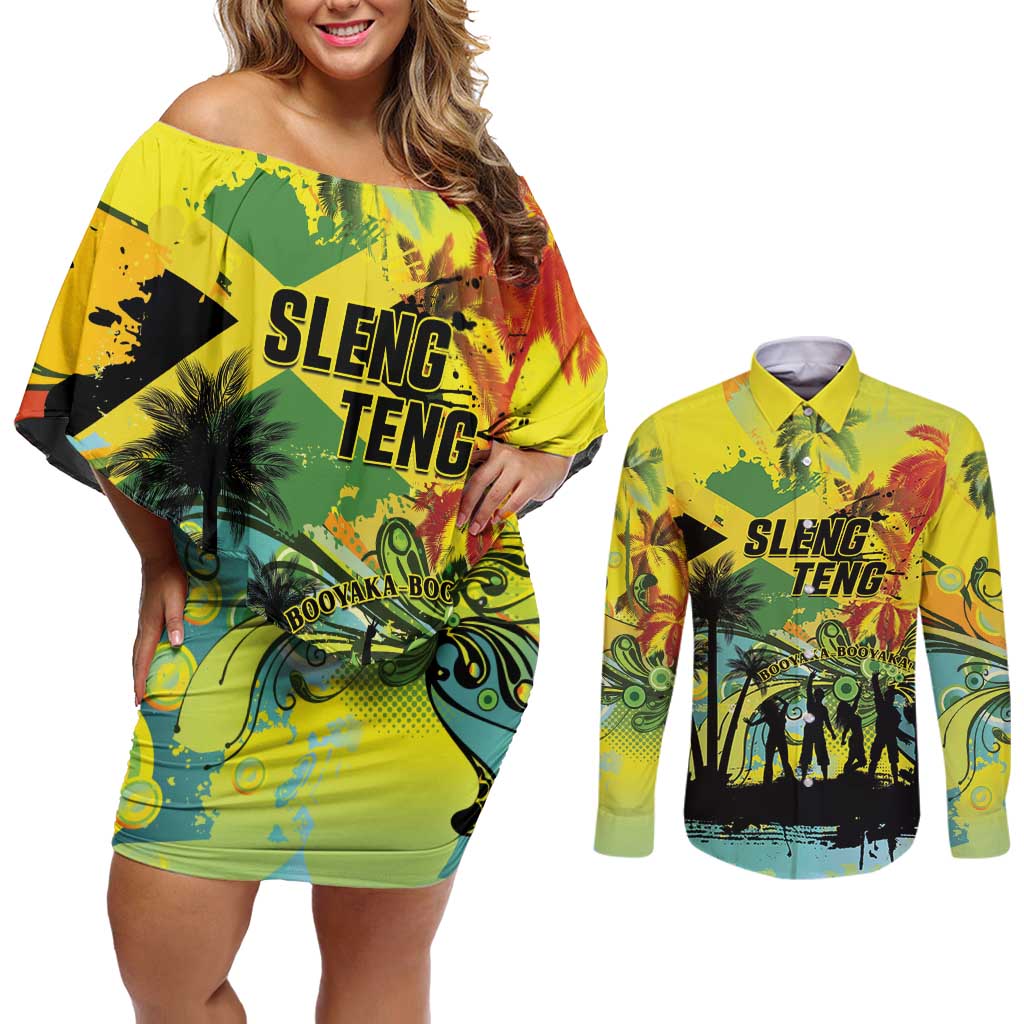 Personalized Jamaica Sleng Teng Riddim Couples Matching Off Shoulder Short Dress and Long Sleeve Button Shirt Booyaka Booyaka - Wonder Print Shop