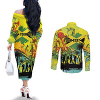 Personalized Jamaica Sleng Teng Riddim Couples Matching Off The Shoulder Long Sleeve Dress and Long Sleeve Button Shirt Booyaka Booyaka - Wonder Print Shop