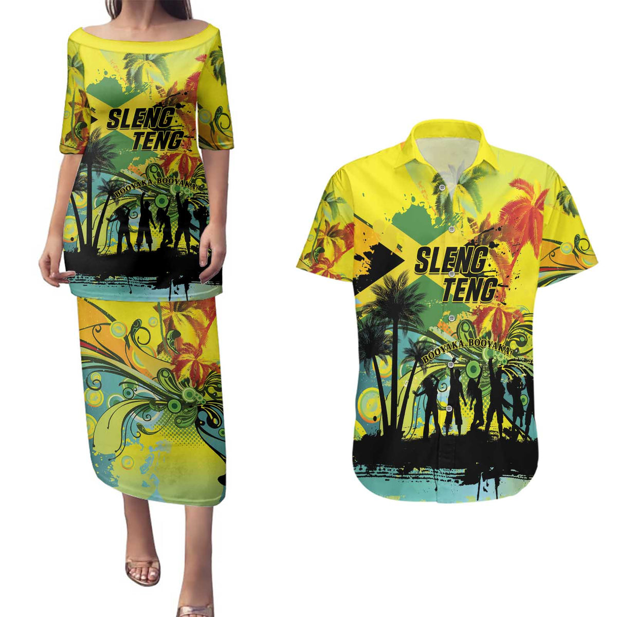 Personalized Jamaica Sleng Teng Riddim Couples Matching Puletasi and Hawaiian Shirt Booyaka Booyaka - Wonder Print Shop
