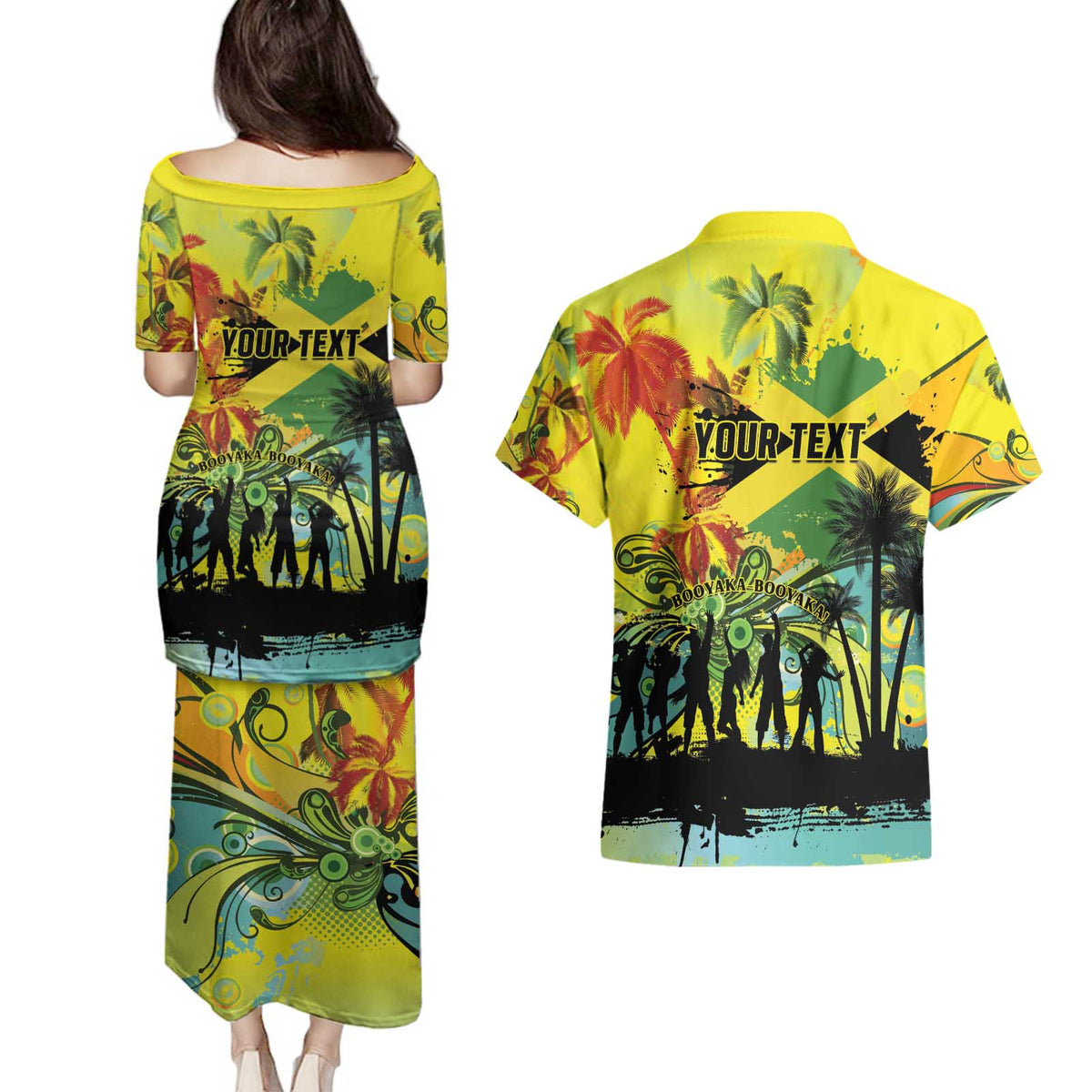 Personalized Jamaica Sleng Teng Riddim Couples Matching Puletasi and Hawaiian Shirt Booyaka Booyaka - Wonder Print Shop