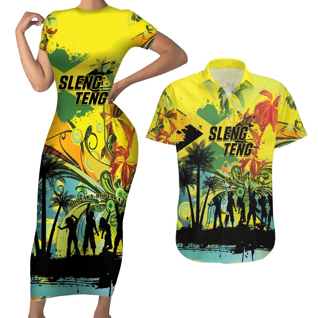 Personalized Jamaica Sleng Teng Riddim Couples Matching Short Sleeve Bodycon Dress and Hawaiian Shirt Booyaka Booyaka - Wonder Print Shop