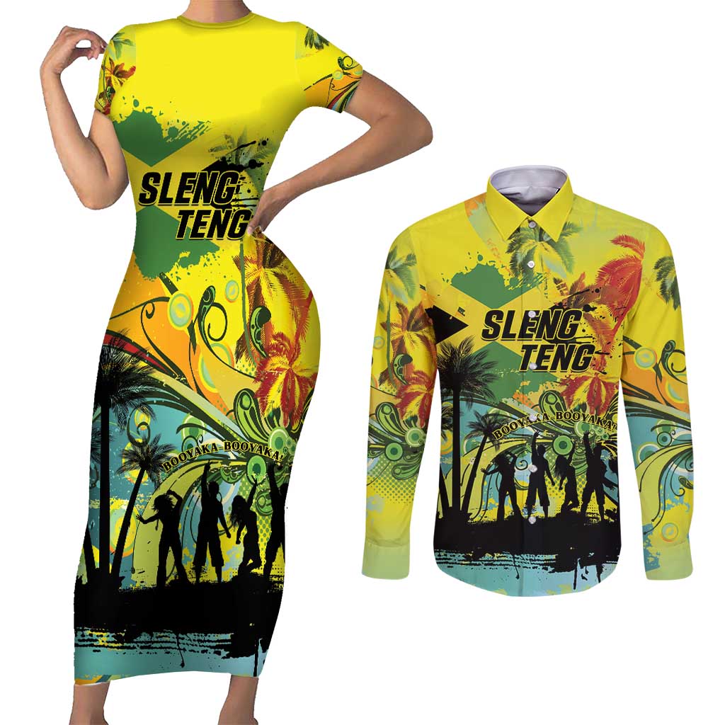Personalized Jamaica Sleng Teng Riddim Couples Matching Short Sleeve Bodycon Dress and Long Sleeve Button Shirt Booyaka Booyaka - Wonder Print Shop
