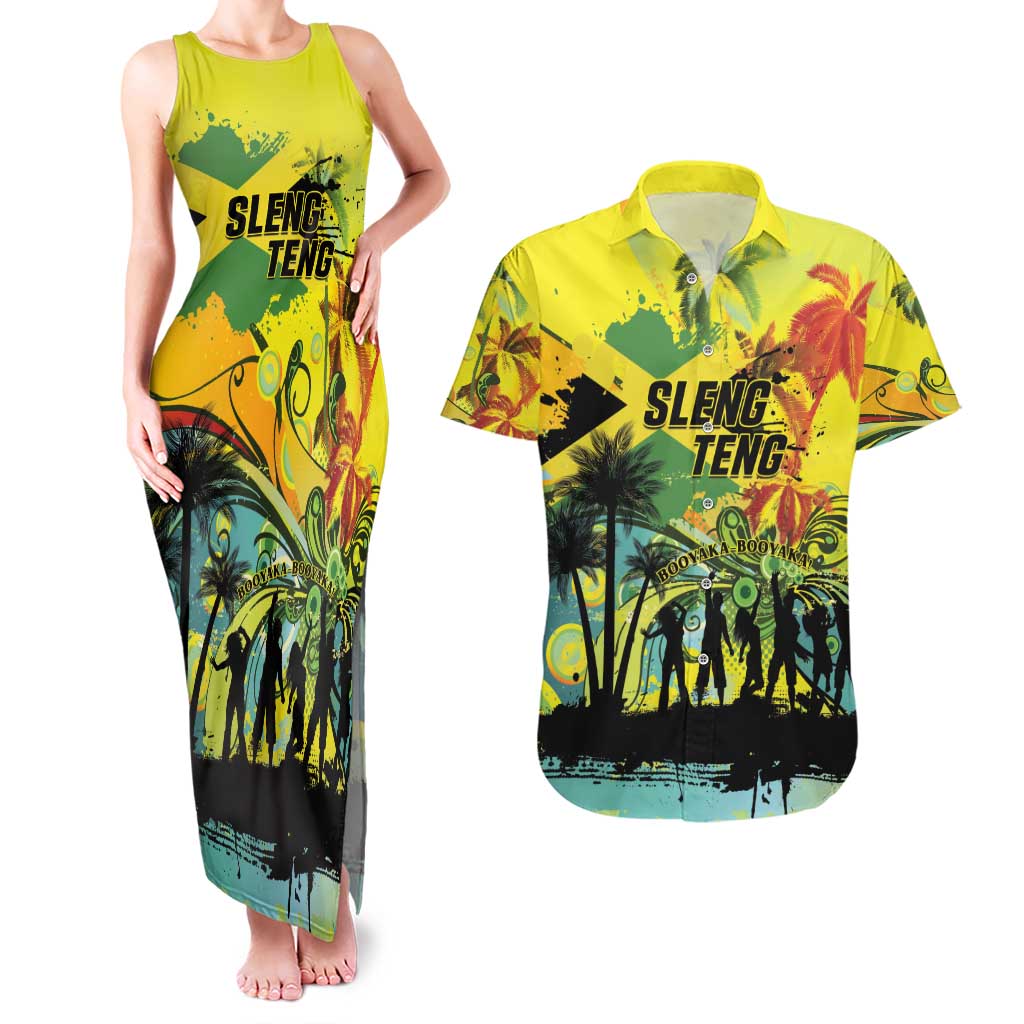Personalized Jamaica Sleng Teng Riddim Couples Matching Tank Maxi Dress and Hawaiian Shirt Booyaka Booyaka - Wonder Print Shop