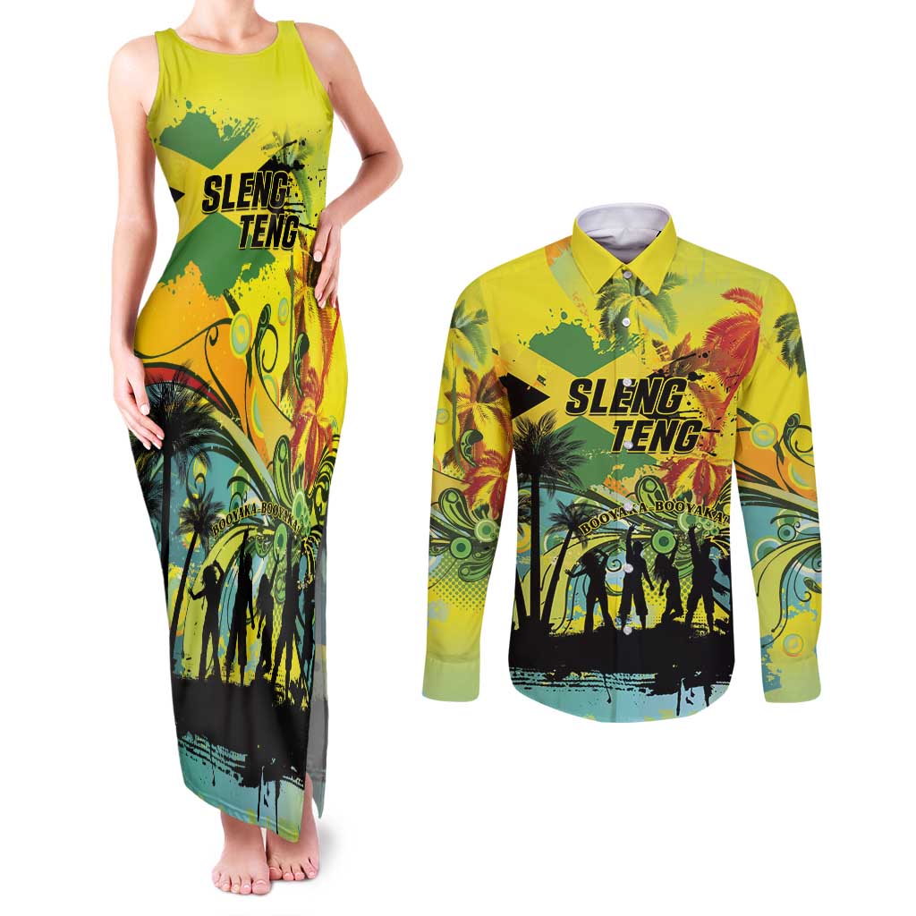 Personalized Jamaica Sleng Teng Riddim Couples Matching Tank Maxi Dress and Long Sleeve Button Shirt Booyaka Booyaka - Wonder Print Shop