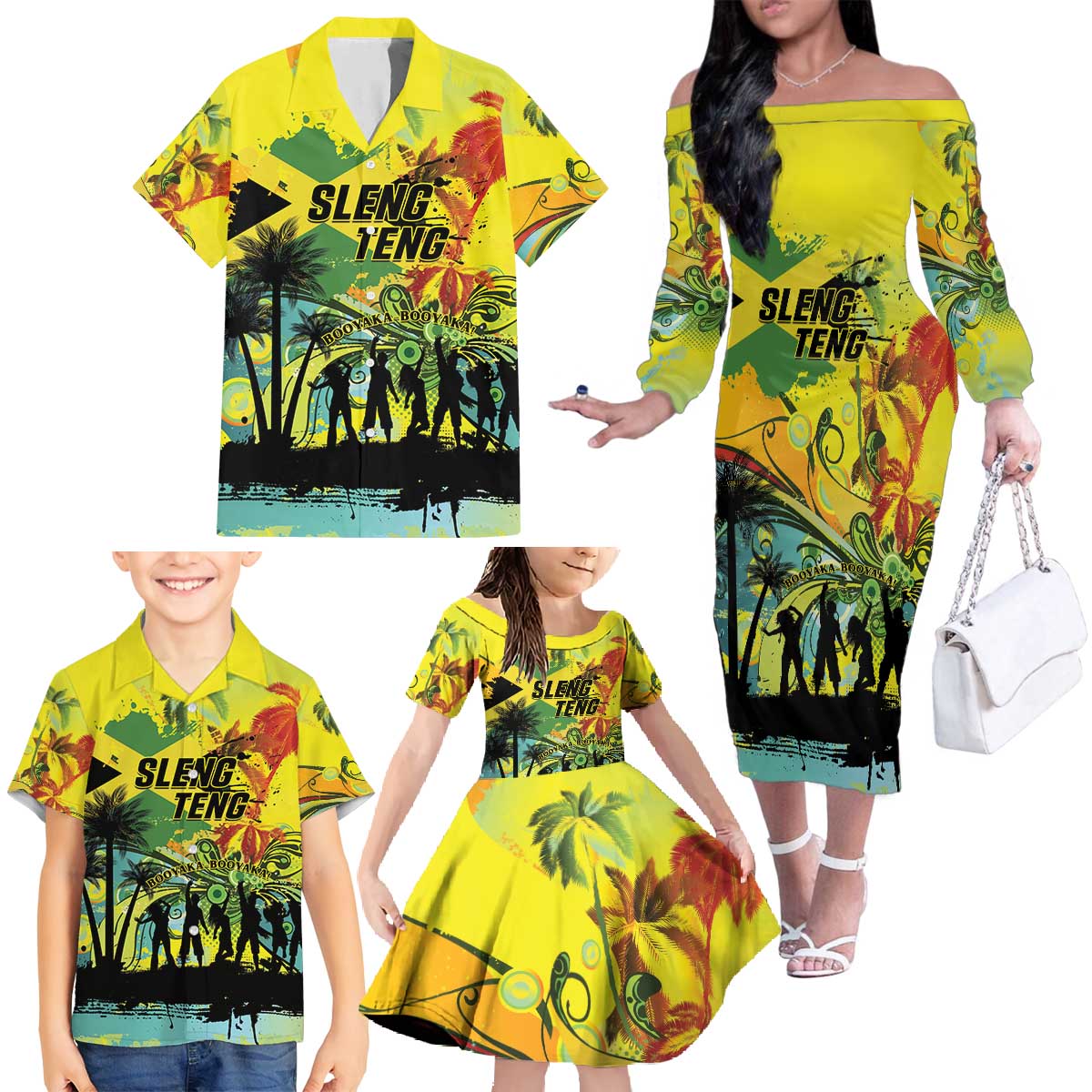 Personalized Jamaica Sleng Teng Riddim Family Matching Off The Shoulder Long Sleeve Dress and Hawaiian Shirt Booyaka Booyaka - Wonder Print Shop