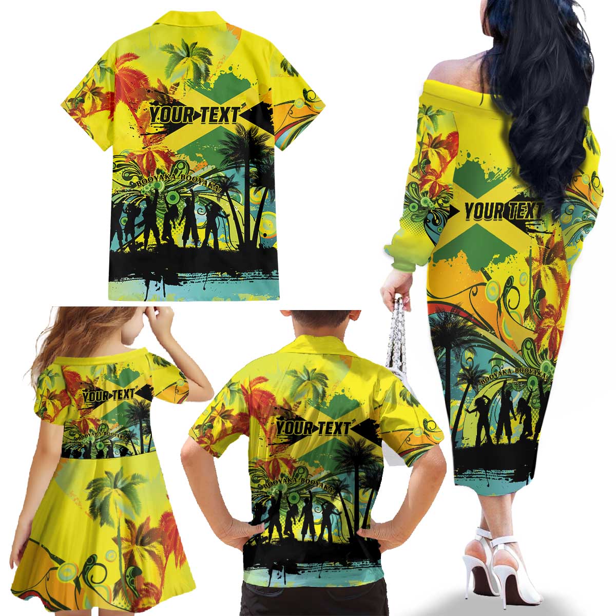 Personalized Jamaica Sleng Teng Riddim Family Matching Off The Shoulder Long Sleeve Dress and Hawaiian Shirt Booyaka Booyaka - Wonder Print Shop