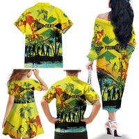 Personalized Jamaica Sleng Teng Riddim Family Matching Off The Shoulder Long Sleeve Dress and Hawaiian Shirt Booyaka Booyaka - Wonder Print Shop
