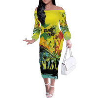 Personalized Jamaica Sleng Teng Riddim Family Matching Off The Shoulder Long Sleeve Dress and Hawaiian Shirt Booyaka Booyaka - Wonder Print Shop