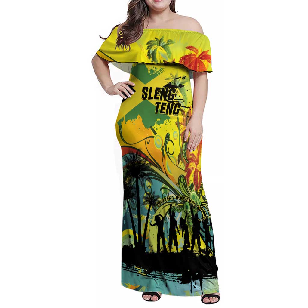 Personalized Jamaica Sleng Teng Riddim Family Matching Off Shoulder Maxi Dress and Hawaiian Shirt Booyaka Booyaka - Wonder Print Shop