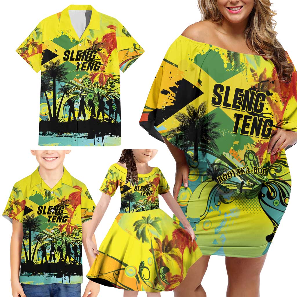 Personalized Jamaica Sleng Teng Riddim Family Matching Off Shoulder Short Dress and Hawaiian Shirt Booyaka Booyaka - Wonder Print Shop