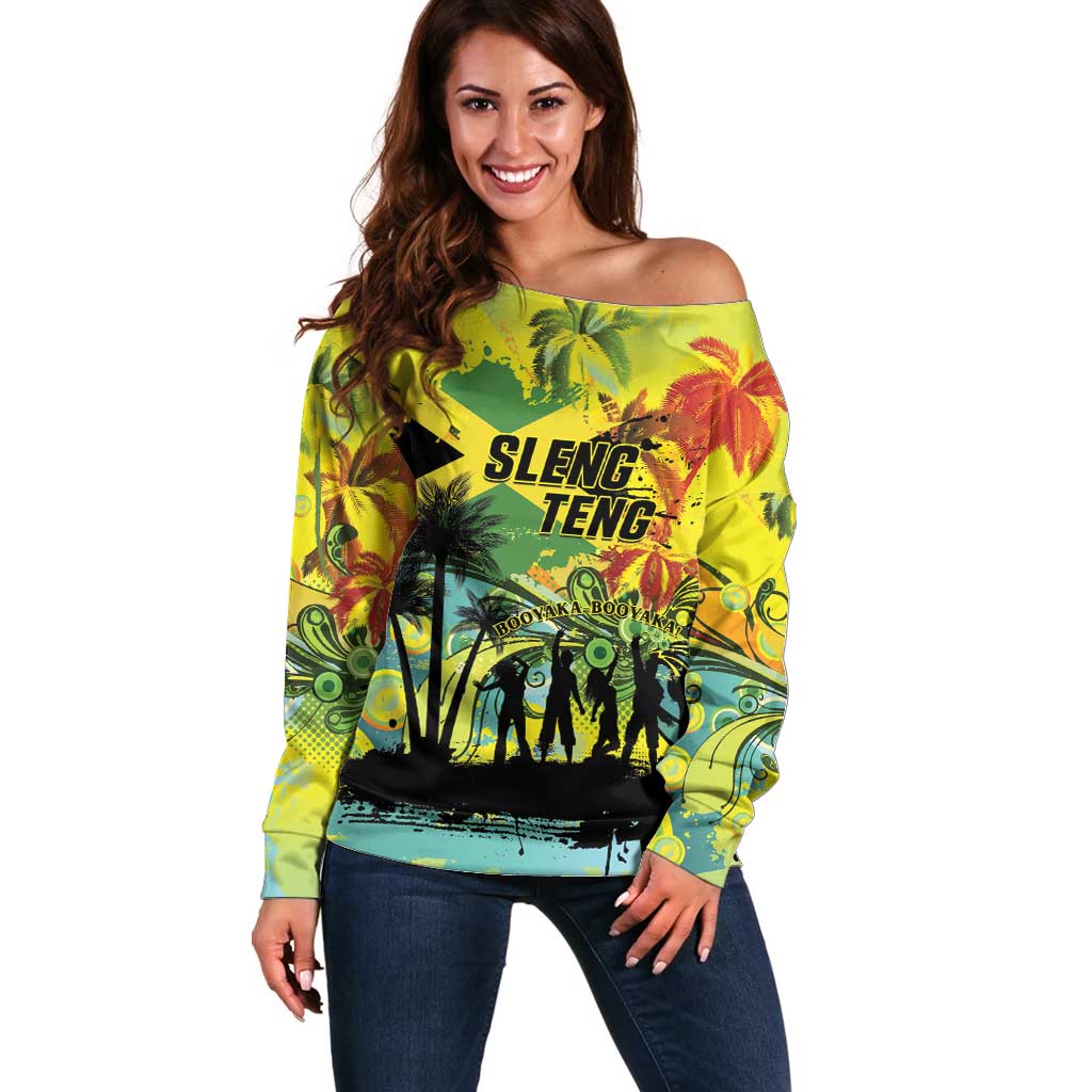 Personalized Jamaica Sleng Teng Riddim Off Shoulder Sweater Booyaka Booyaka - Wonder Print Shop