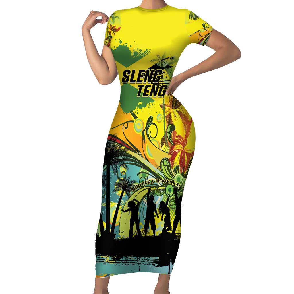 Personalized Jamaica Sleng Teng Riddim Short Sleeve Bodycon Dress Booyaka Booyaka - Wonder Print Shop