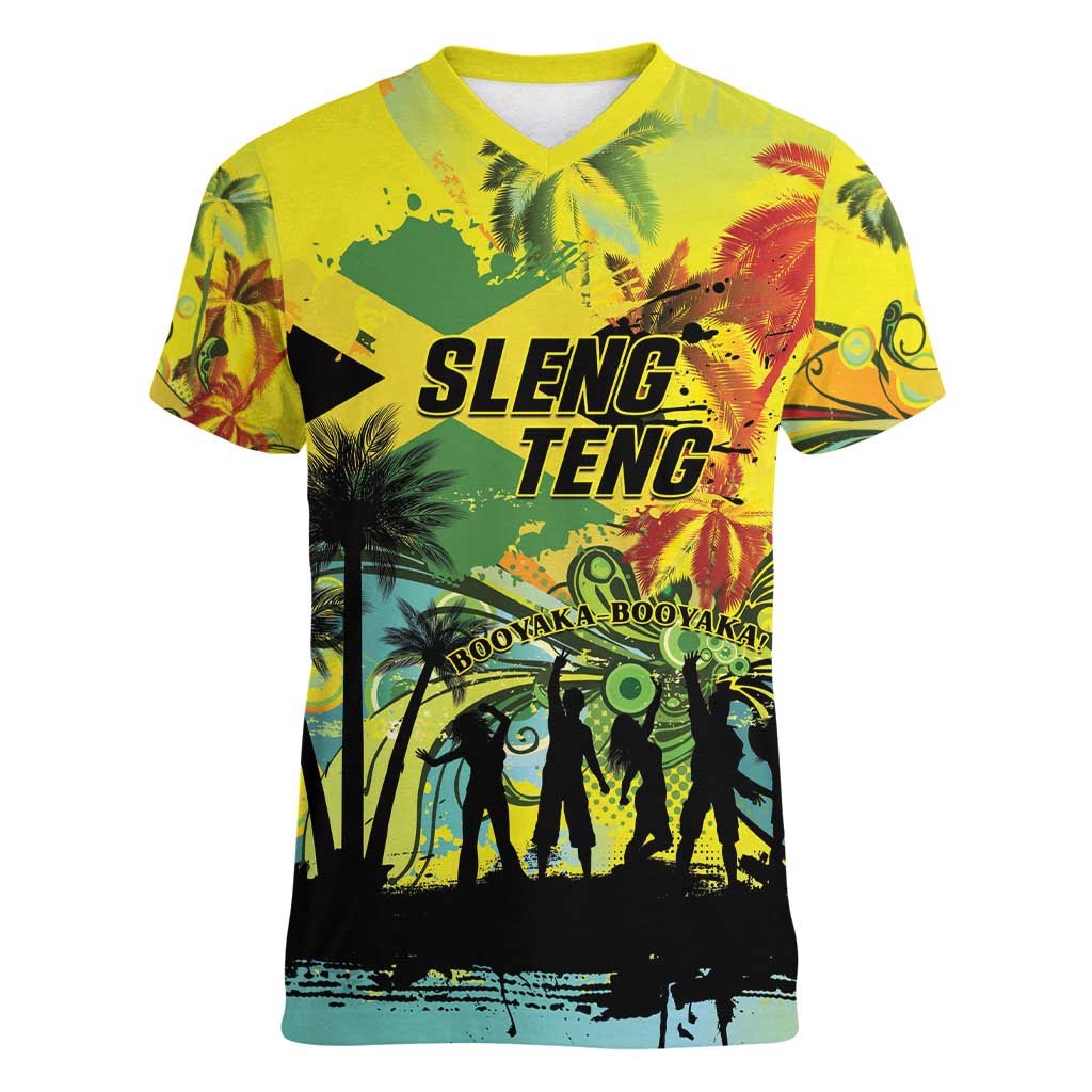 Personalized Jamaica Sleng Teng Riddim Women V-Neck T-Shirt Booyaka Booyaka - Wonder Print Shop