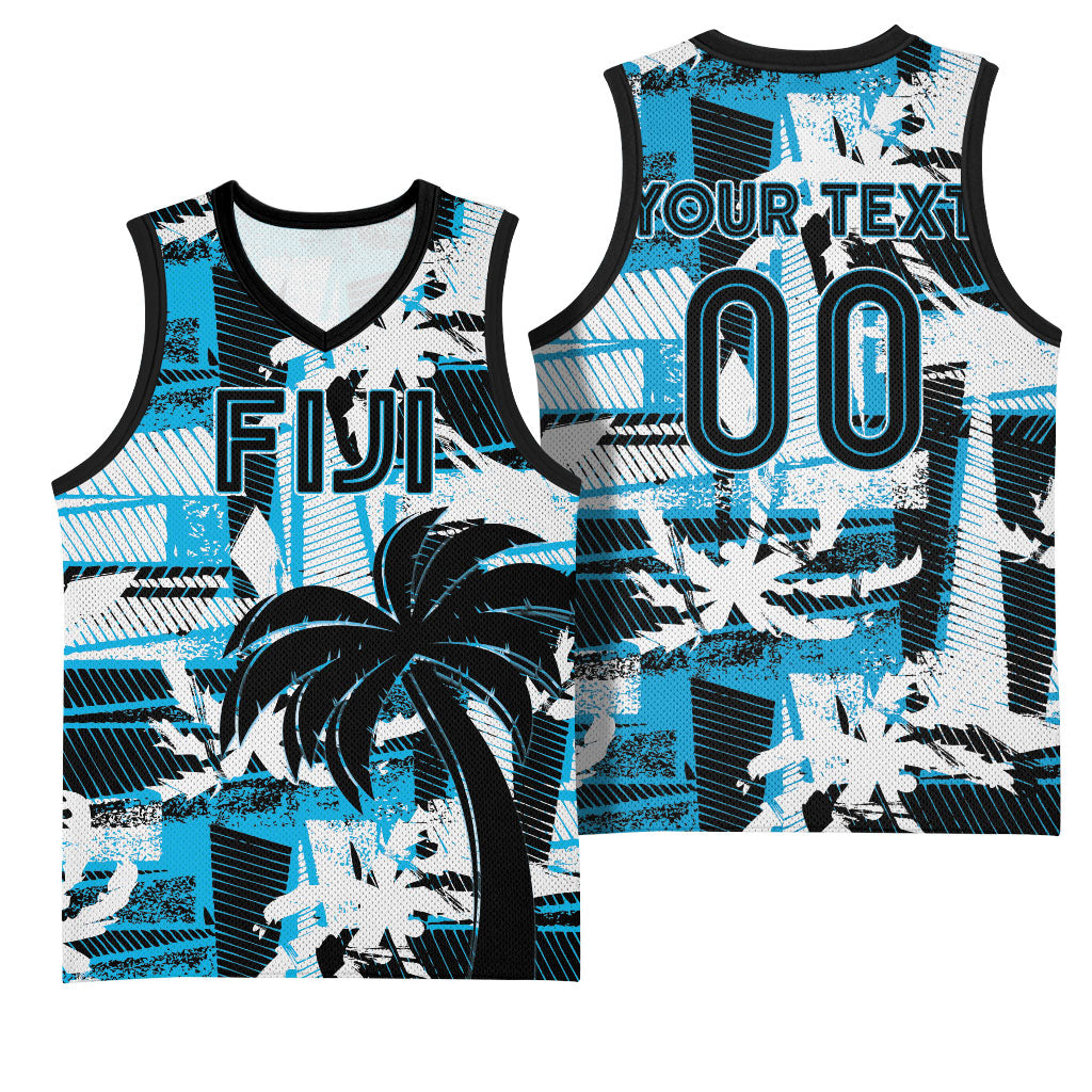 Custom Fijian Rugby Basketball Jersey Grunge Palm Stylized