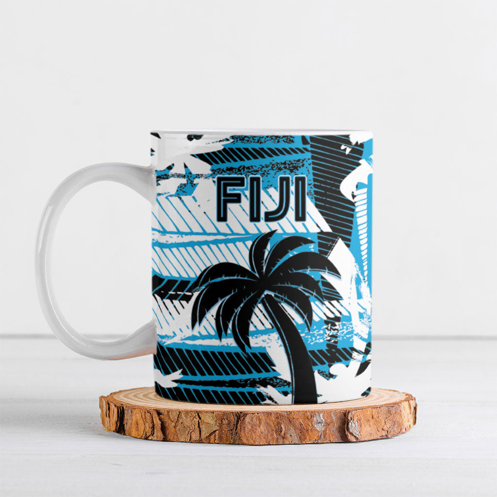 Custom Fijian Rugby Ceramic Mug Grunge Palm Stylized
