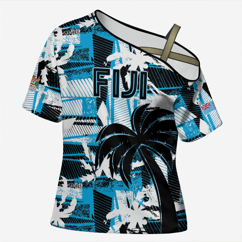 Custom Fijian Rugby Cross Shoulder Shirt Grunge Palm Stylized