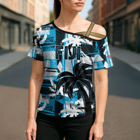 Custom Fijian Rugby Cross Shoulder Shirt Grunge Palm Stylized