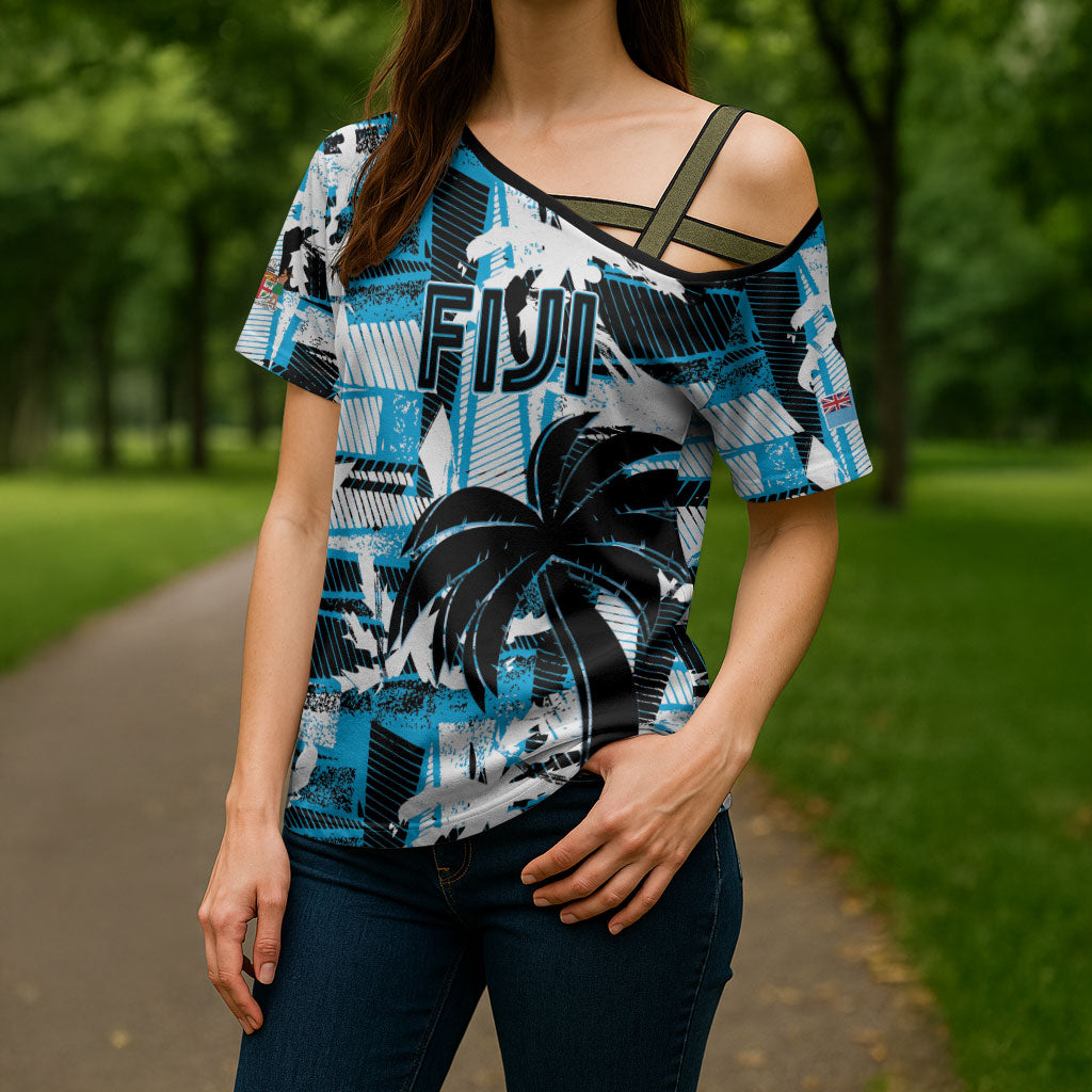 Custom Fijian Rugby Cross Shoulder Shirt Grunge Palm Stylized