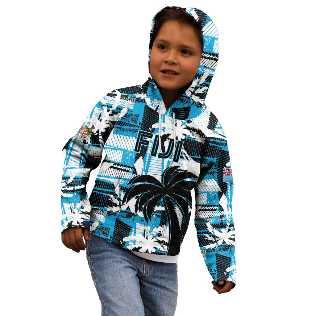 Custom Fijian Rugby Kid Hoodie Grunge Palm Stylized
