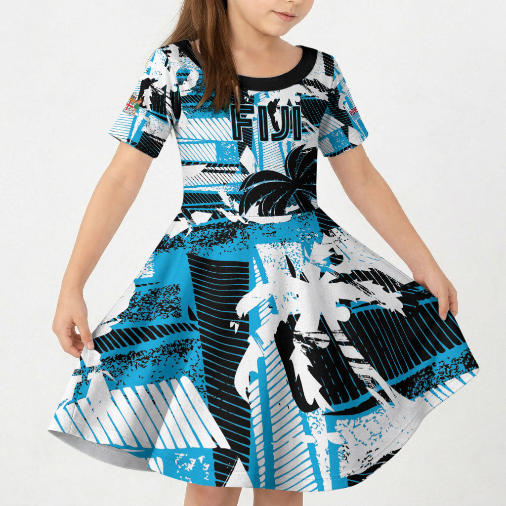 Custom Fijian Rugby Kid Short Sleeve Dress Grunge Palm Stylized