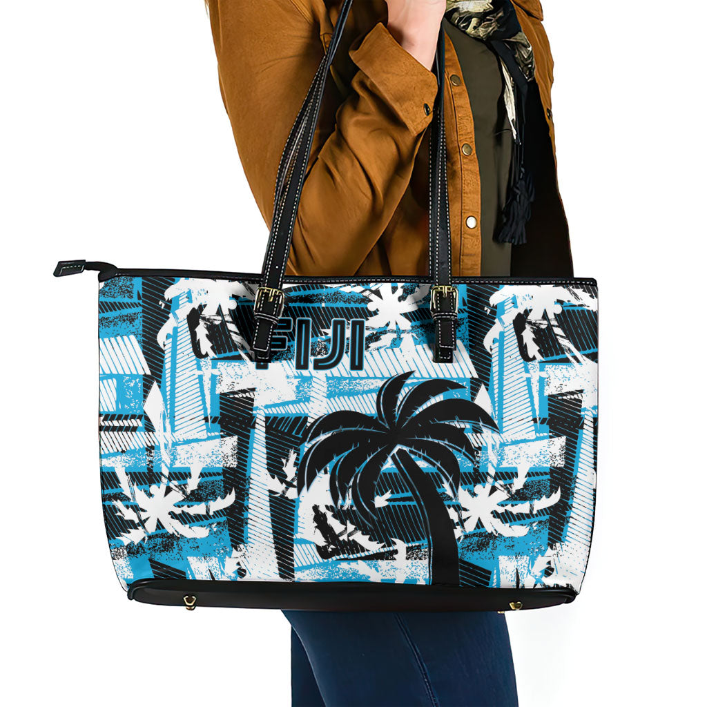 Fijian Rugby Leather Tote Bag Grunge Palm Stylized