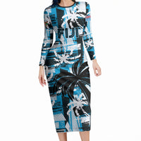 Custom Fijian Rugby Long Sleeve Bodycon Dress Grunge Palm Stylized