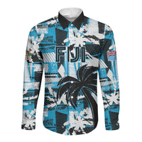 Custom Fijian Rugby Long Sleeve Button Shirt Grunge Palm Stylized