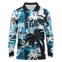 Custom Fijian Rugby Long Sleeve Polo Shirt Grunge Palm Stylized