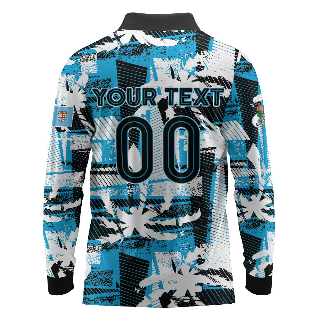 Custom Fijian Rugby Long Sleeve Polo Shirt Grunge Palm Stylized