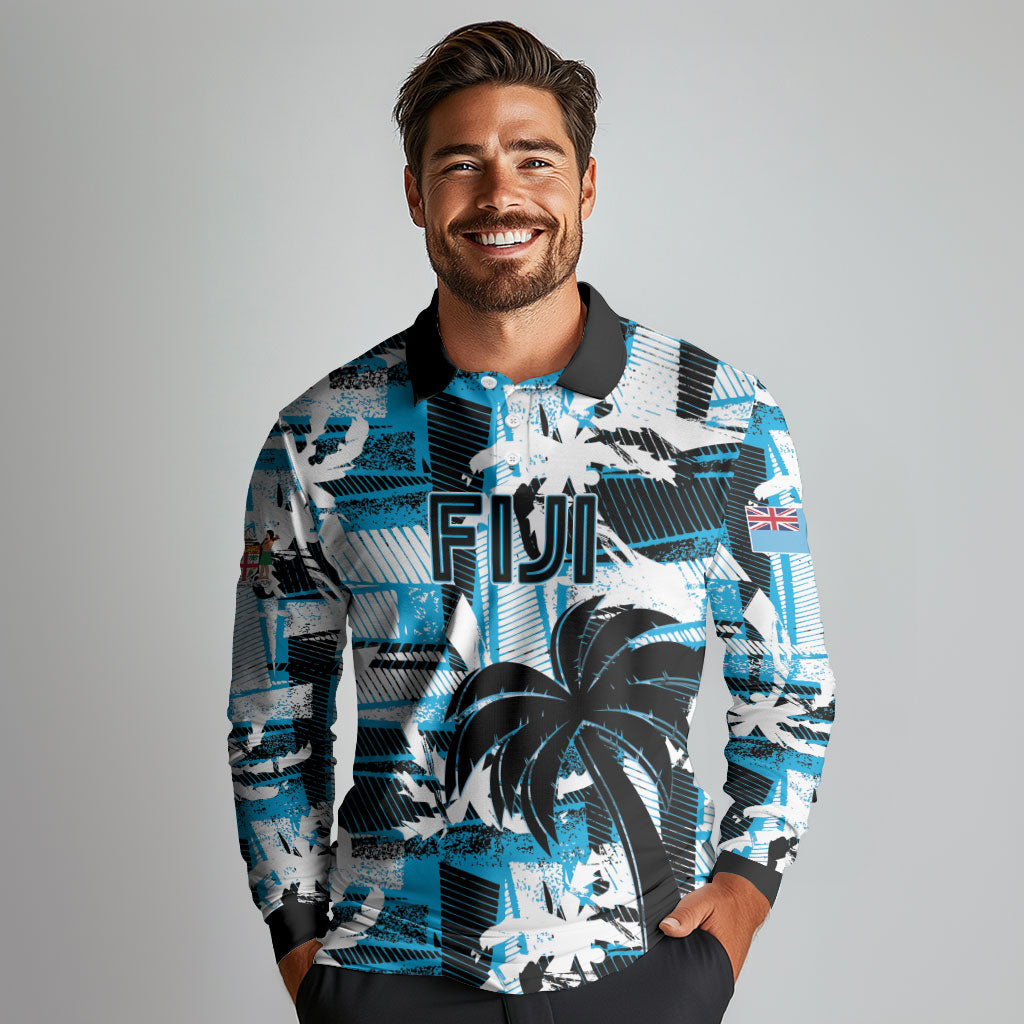Custom Fijian Rugby Long Sleeve Polo Shirt Grunge Palm Stylized