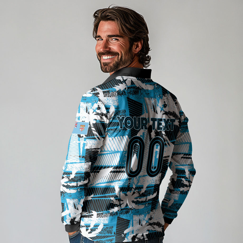 Custom Fijian Rugby Long Sleeve Polo Shirt Grunge Palm Stylized