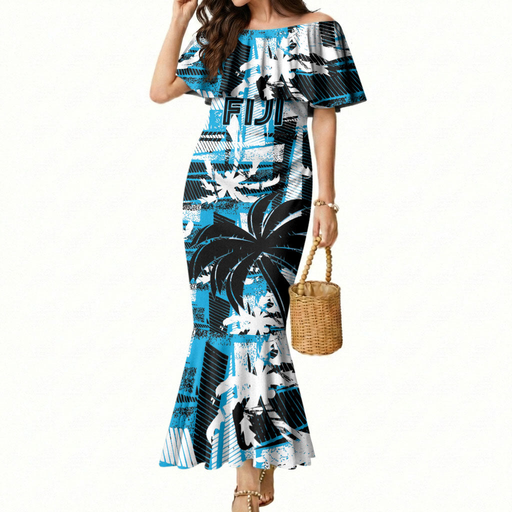 Custom Fijian Rugby Mermaid Dress Grunge Palm Stylized