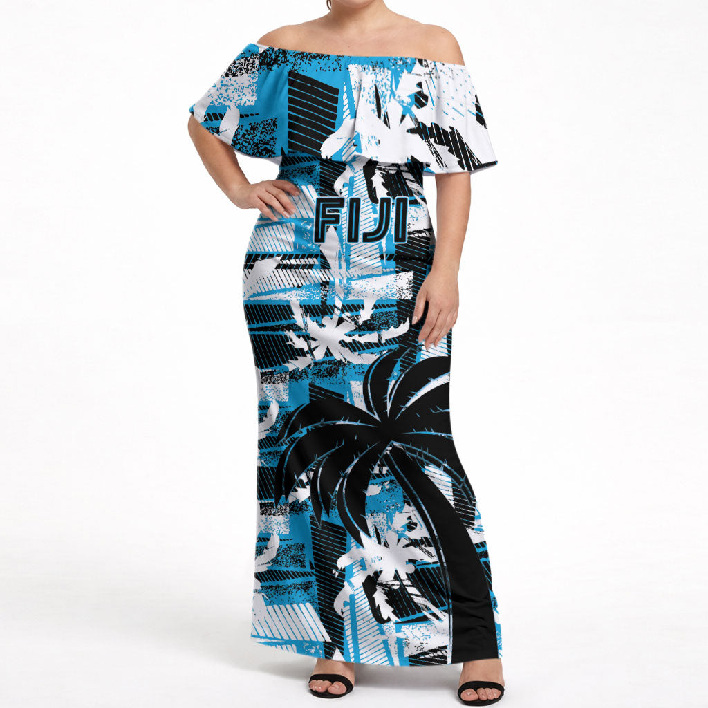 Custom Fijian Rugby Off Shoulder Maxi Dress Grunge Palm Stylized