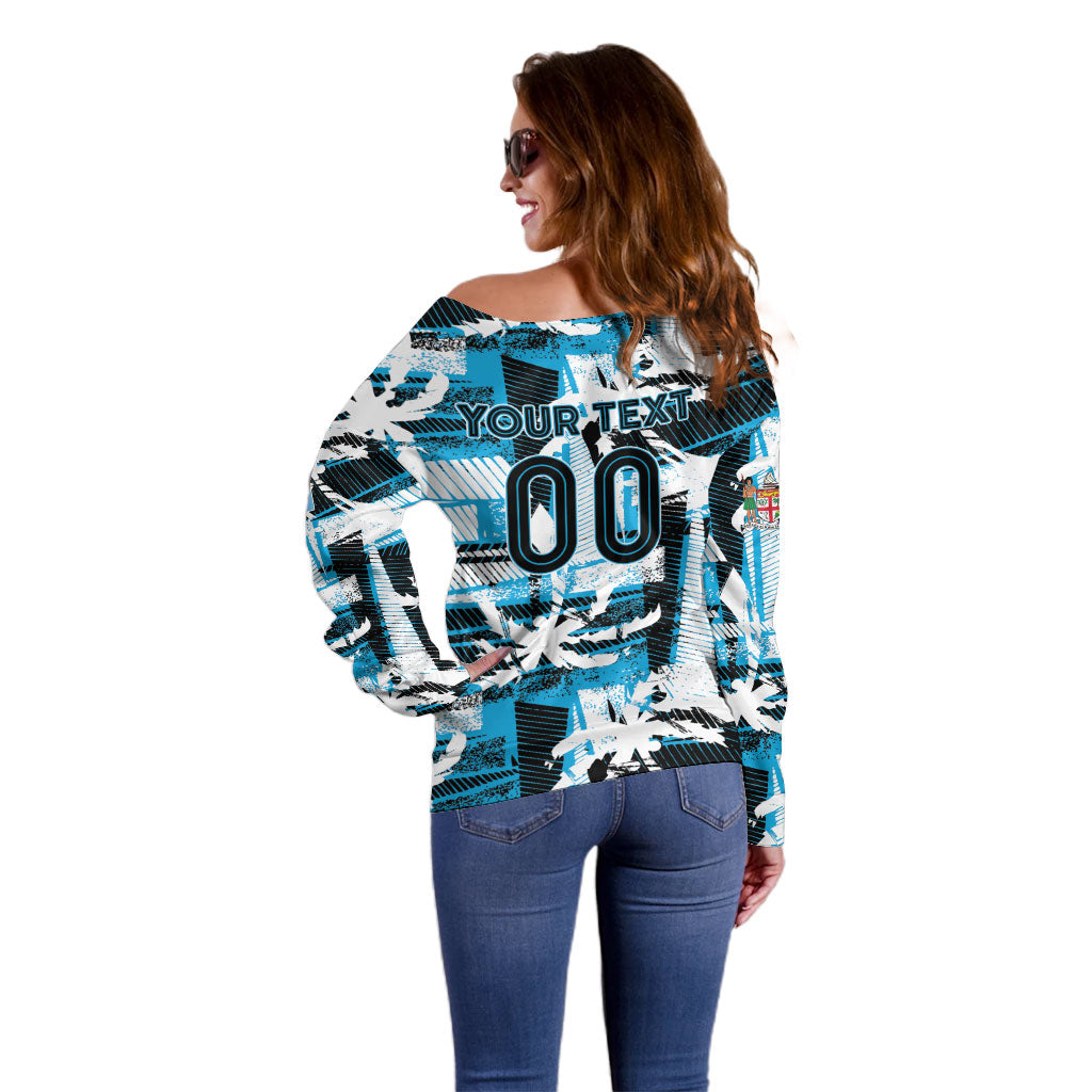 Custom Fijian Rugby Off Shoulder Sweater Grunge Palm Stylized