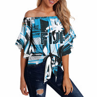 Custom Fijian Rugby Off Shoulder Wrap Waist Top Grunge Palm Stylized