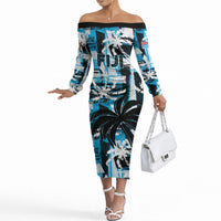Custom Fijian Rugby Off The Shoulder Long Sleeve Dress Grunge Palm Stylized