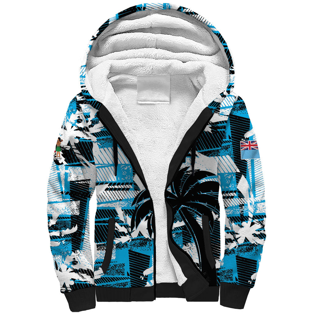 Custom Fijian Rugby Sherpa Hoodie Grunge Palm Stylized