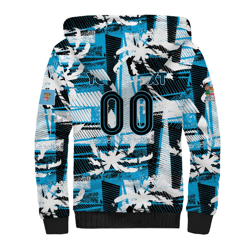Custom Fijian Rugby Sherpa Hoodie Grunge Palm Stylized