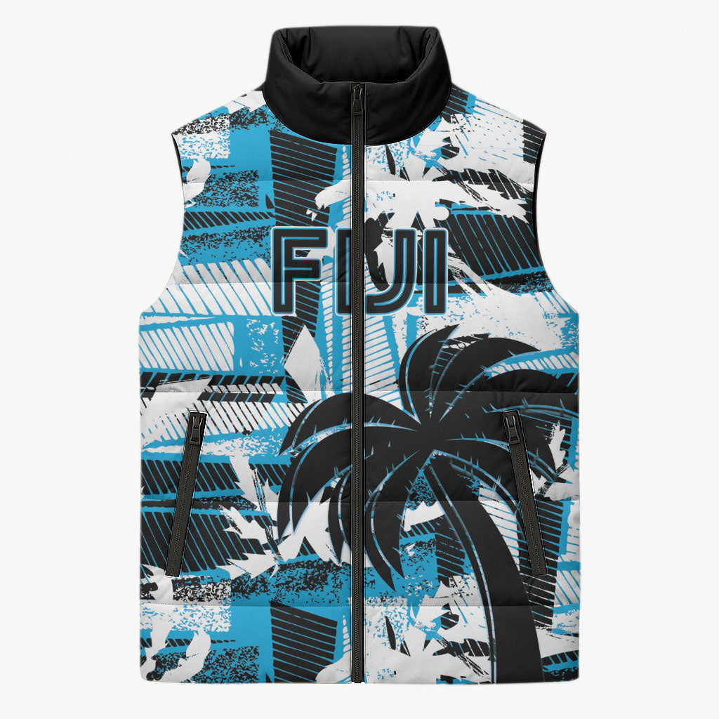 Custom Fijian Rugby Sleeveless Puffer Jacket Grunge Palm Stylized