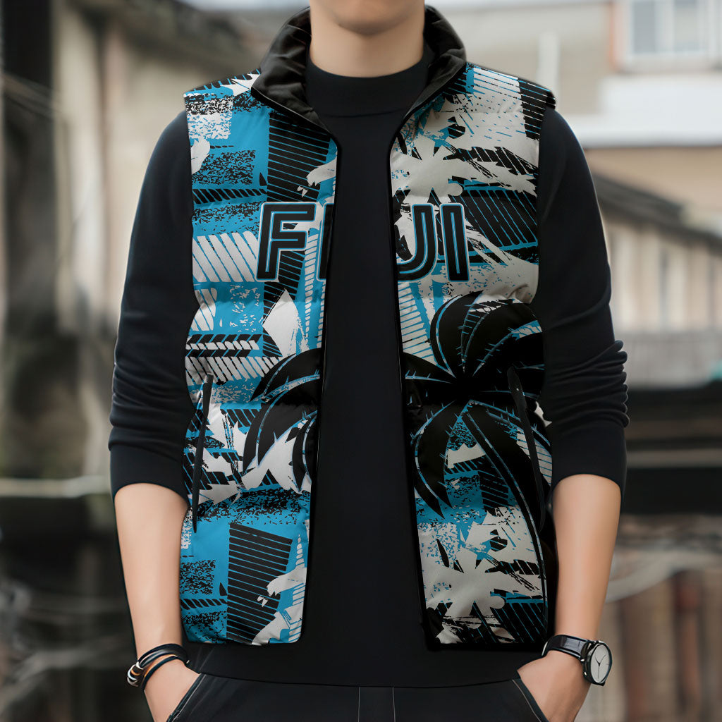 Custom Fijian Rugby Sleeveless Puffer Jacket Grunge Palm Stylized