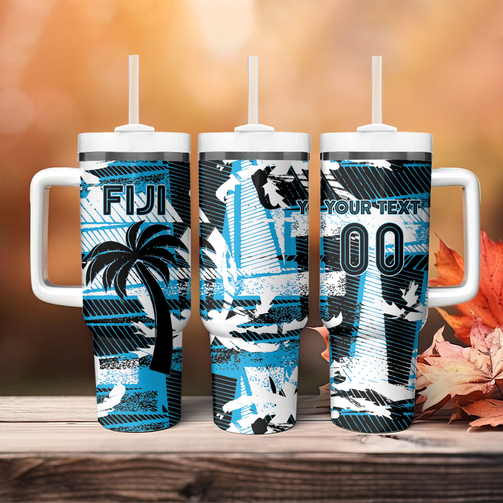 Custom Fijian Rugby Tumbler With Handle Grunge Palm Stylized