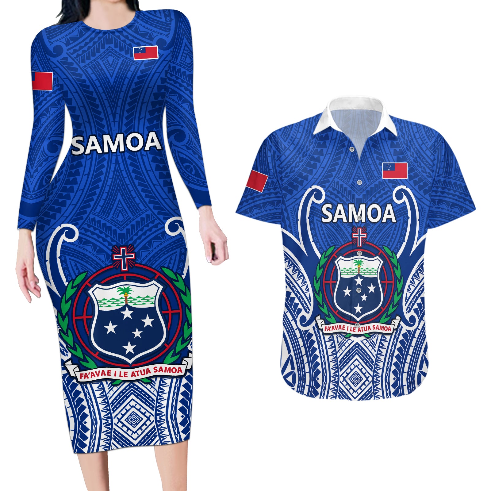 Custom Samoa Rugby Couples Matching Long Sleeve Bodycon Dress and Hawaiian Shirt Manu Samoa Go 2023 World Cup - Wonder Print Shop