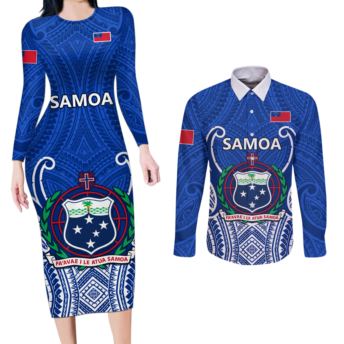 Custom Samoa Rugby Couples Matching Long Sleeve Bodycon Dress and Long Sleeve Button Shirts Manu Samoa Go 2023 World Cup - Wonder Print Shop
