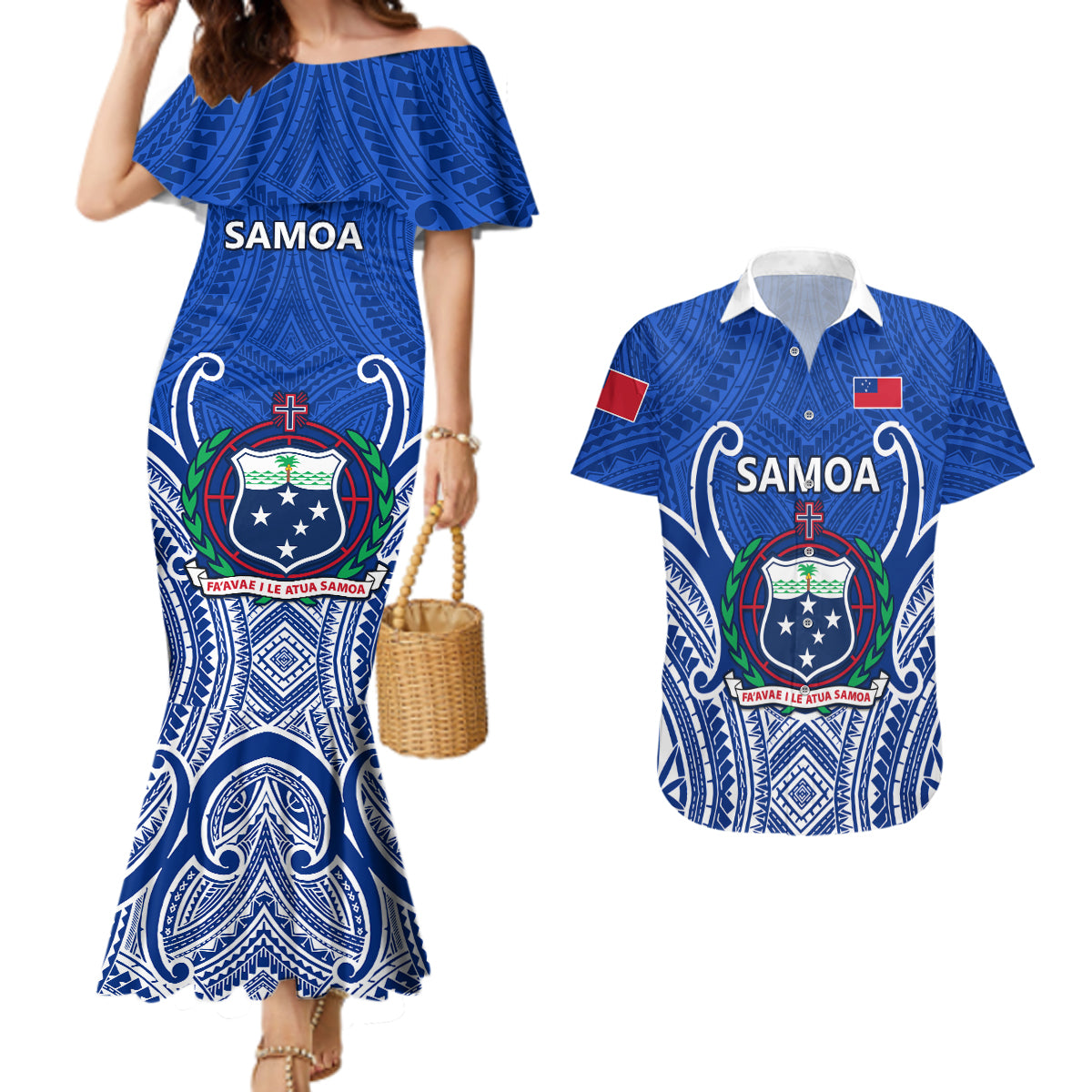 Custom Samoa Rugby Couples Matching Mermaid Dress and Hawaiian Shirt Manu Samoa Go 2023 World Cup - Wonder Print Shop