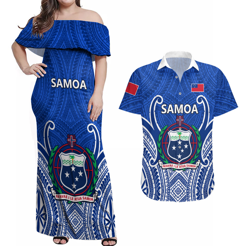 Custom Samoa Rugby Couples Matching Off Shoulder Maxi Dress and Hawaiian Shirt Manu Samoa Go 2023 World Cup - Wonder Print Shop
