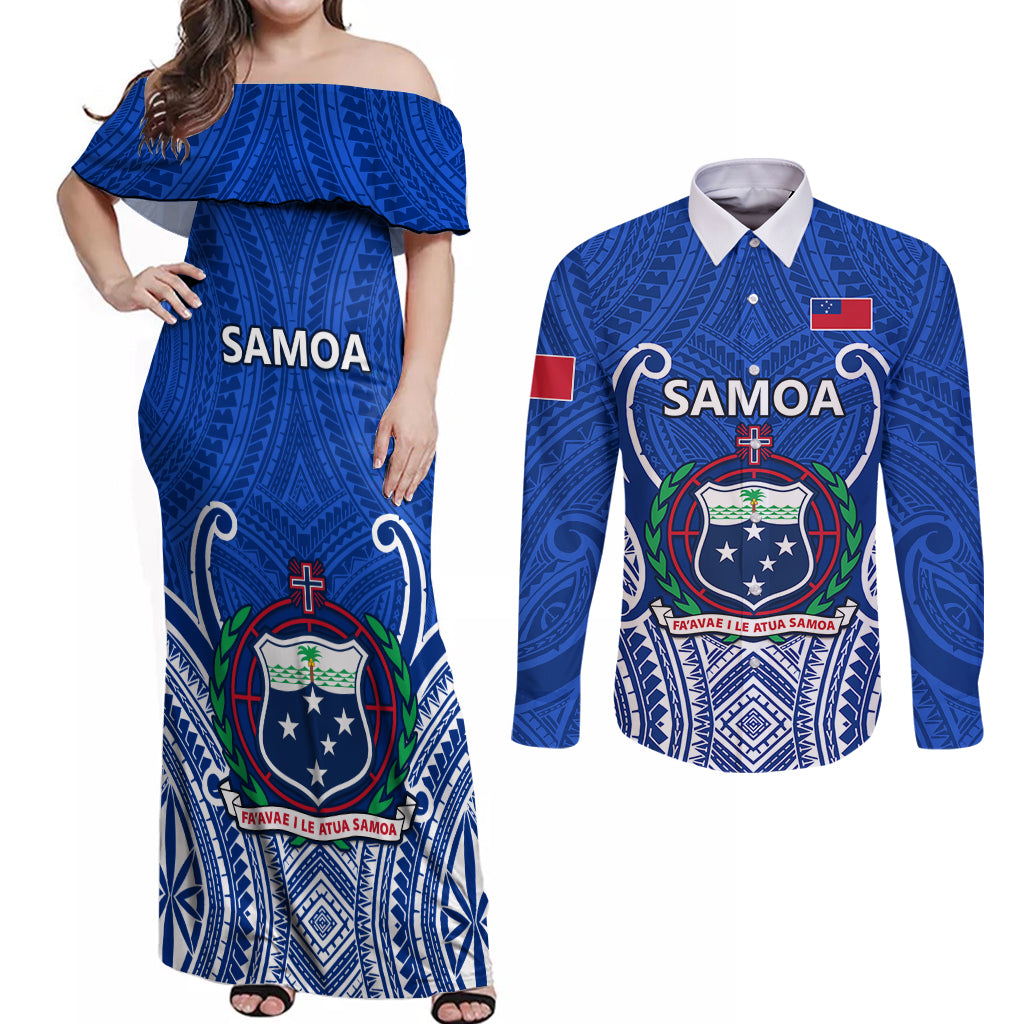 Custom Samoa Rugby Couples Matching Off Shoulder Maxi Dress and Long Sleeve Button Shirts Manu Samoa Go 2023 World Cup - Wonder Print Shop