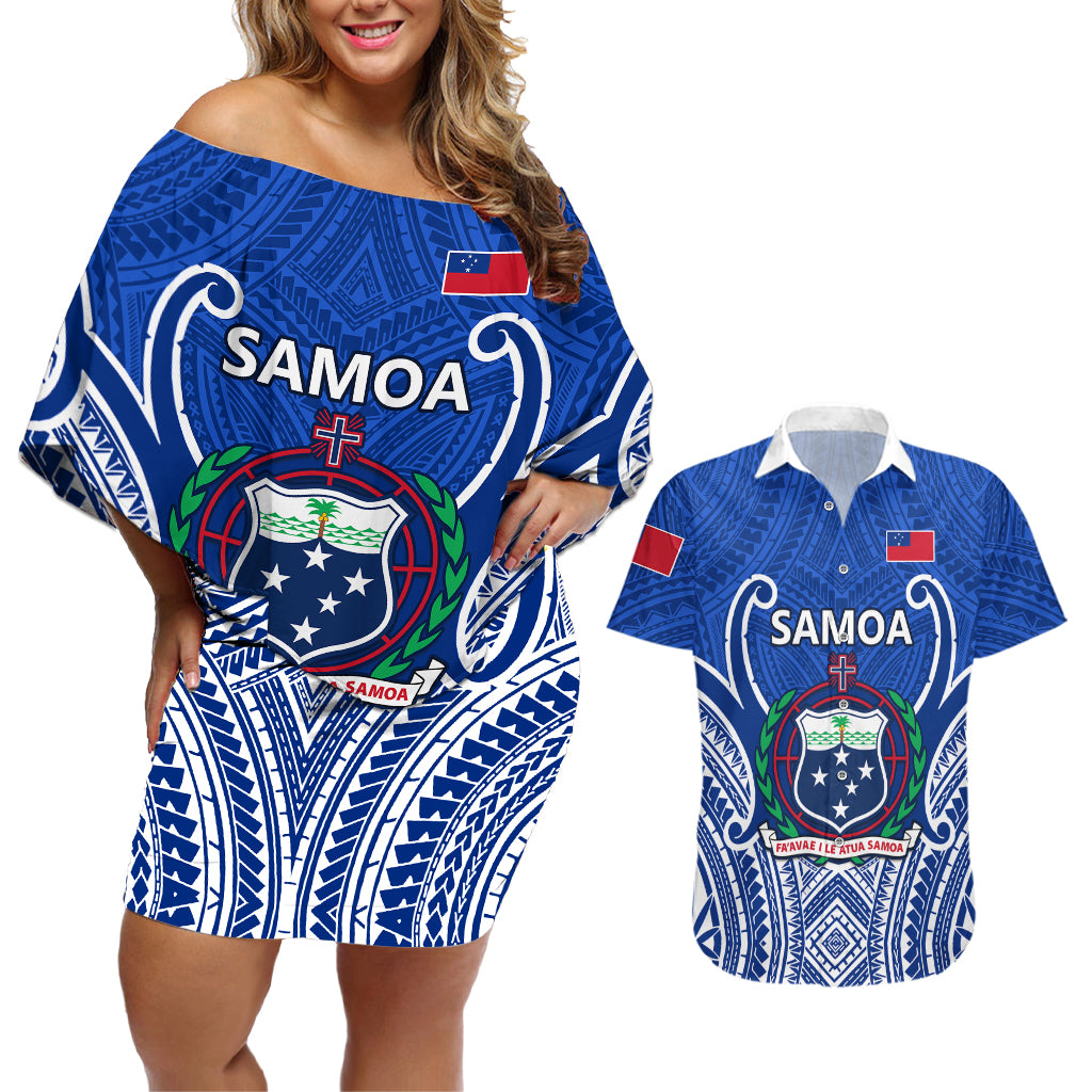 Custom Samoa Rugby Couples Matching Off Shoulder Short Dress and Hawaiian Shirt Manu Samoa Go 2023 World Cup - Wonder Print Shop