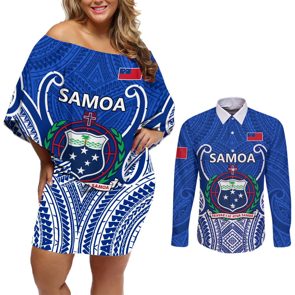 Custom Samoa Rugby Couples Matching Off Shoulder Short Dress and Long Sleeve Button Shirts Manu Samoa Go 2023 World Cup - Wonder Print Shop
