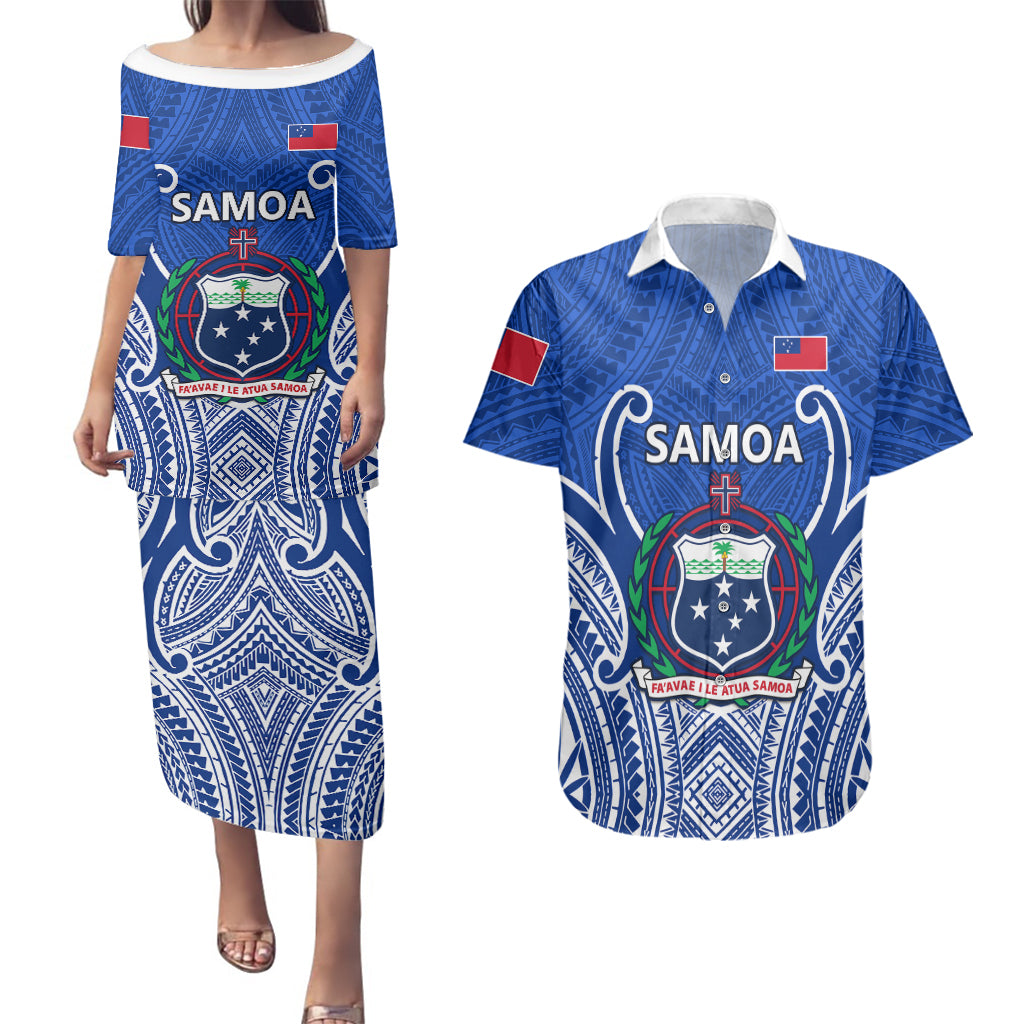Custom Samoa Rugby Couples Matching Puletasi Dress and Hawaiian Shirt Manu Samoa Go 2023 World Cup - Wonder Print Shop
