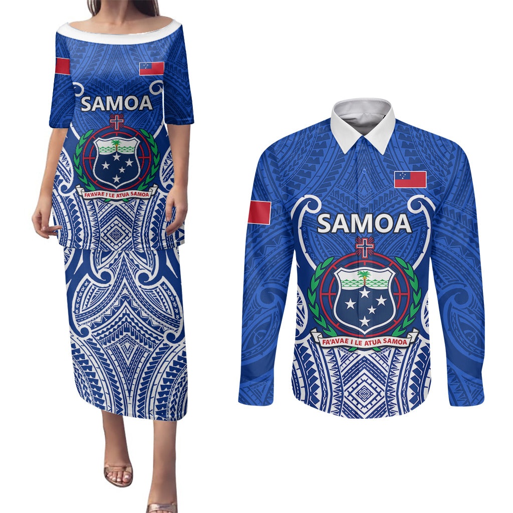 Custom Samoa Rugby Couples Matching Puletasi Dress and Long Sleeve Button Shirts Manu Samoa Go 2023 World Cup - Wonder Print Shop